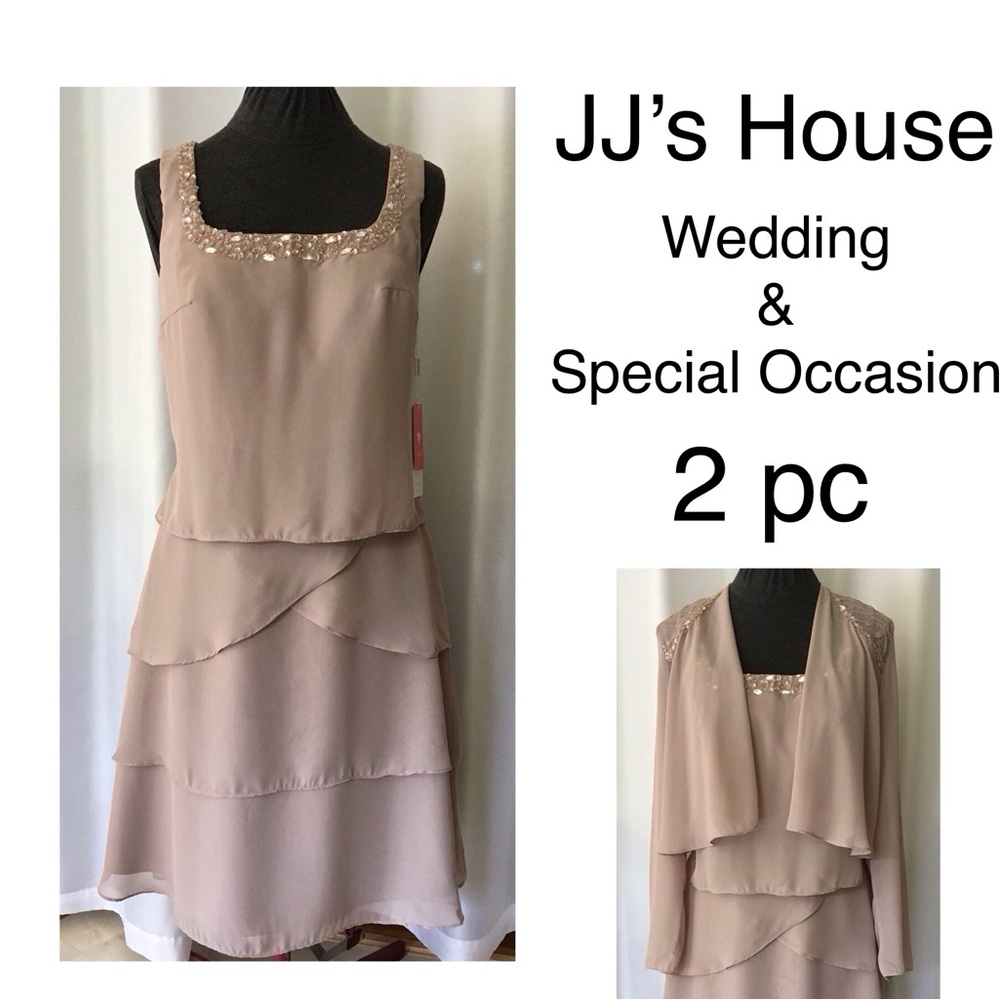 JJ’s House Special Occasion Dress With Built In Bra & Bolero Taupe Size 10